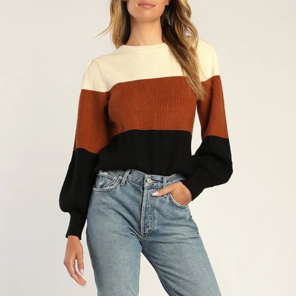 Lulus Open Book Color Block Sweater XL Balloon Puff Sleeve Chunky Knit Brown - Picture 1 of 10